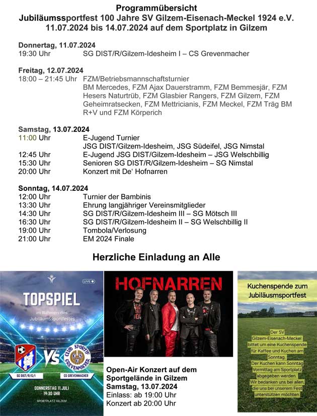 Programmübersicht Jubiläumssportfest 100 Jahre SV Gilzem-Eisenach-Meckel 1924 e.V. - 11.07.2024 bis 14.07.2024 auf dem Sportplatz in Gilzem